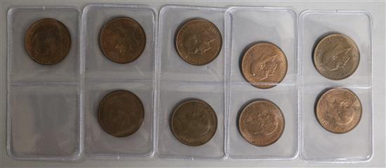 Nine 1935 copper pennies, all AUNC.
